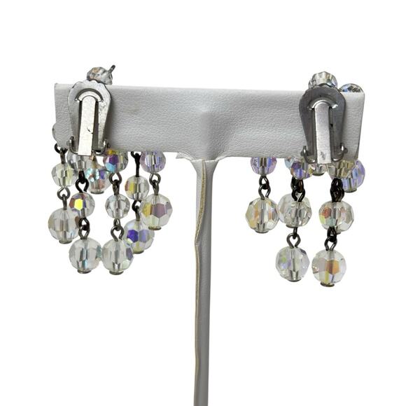 Vintage Dangle Aurora Borealis Earrings Faceted AB Beads Cascade Cluster Clip On - Picture 2 of 7